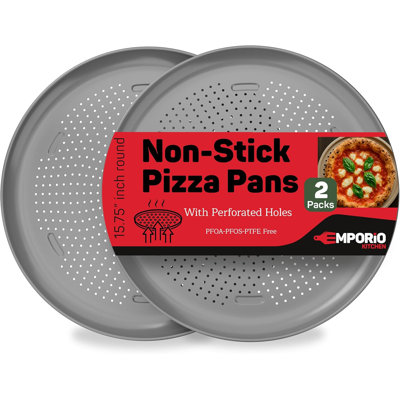 Non-stick Pizza Pan 2 Pack – 16 Inch Round Carbon Steel Pizza Tray With Perforated Holes, Pfoa\pfos\ptfe-free, Dishwasher & Oven Safe Up To 450°f, Durable Nonstick Silver Coating