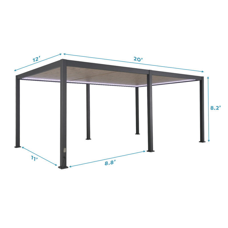 Aluminum Frame Pergola with Fixed Roof & LED Lights, 12 (ft) x 20 (ft)
