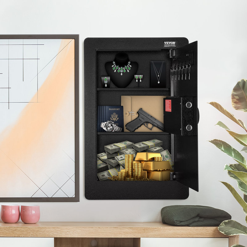 Black Steel 25.59" Tall In-Wall Safe with Keypad and Shelves