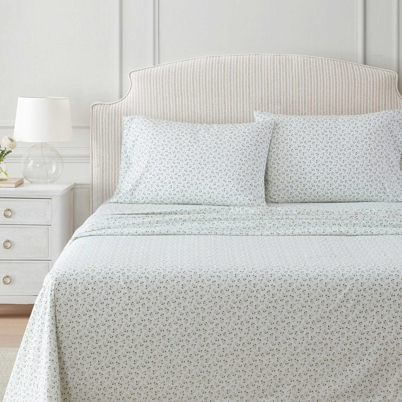 Martha Stewart Cotton Percale  Sheet Set, Twin Sheet Set with 1 Pillowcase, Kennedy Floral Green