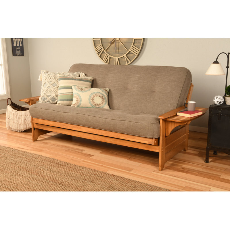 Johnte 82'' Wide Full Futon And Mattress, Butternut, Linen Stone Microsuede, Innerspring
