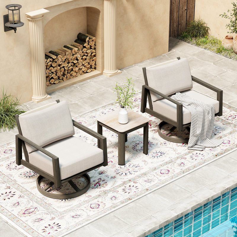 Nimbus 3-Piece Brown Aluminum Patio Conversation Set With Swivel Chairs, Light Gray Cushions And Side Table