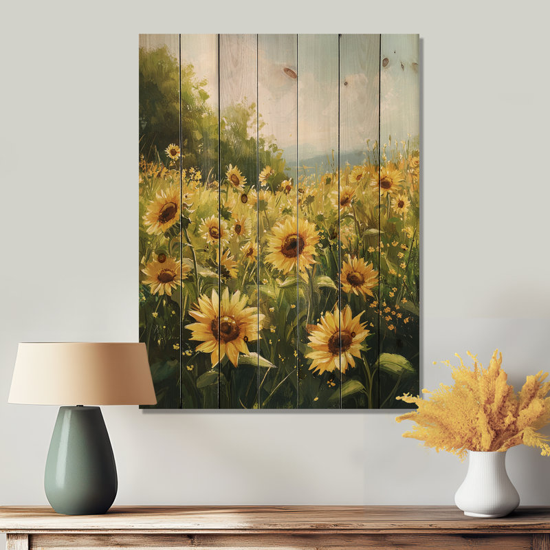 Yellow Summer Sunflower Meadows - Sunflowers Wood Wall Art - On Natural Pine Wood, 32" H x 24" W x 0.78" D