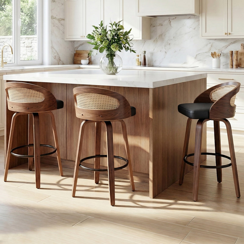 Templecorran Swivel Modern Swivel Counter & Bar Stools (Set Of 3), Black Faux Leather, Bar Stool (30" Seat Height)