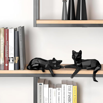 Set of 2 Black Geometric Cat Figurines, Minimalist Bookshelf Table Decor
