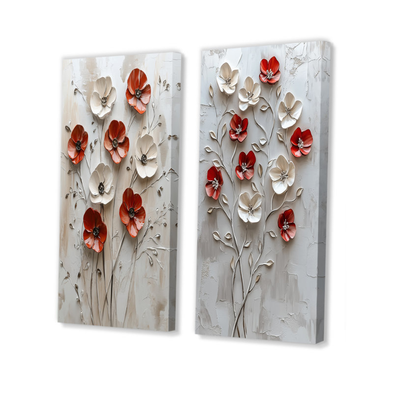 «Red Blooming Poppies Melody III», ensemble de 2 coquelicots, H 28 po x l 24 po, Toile tendue