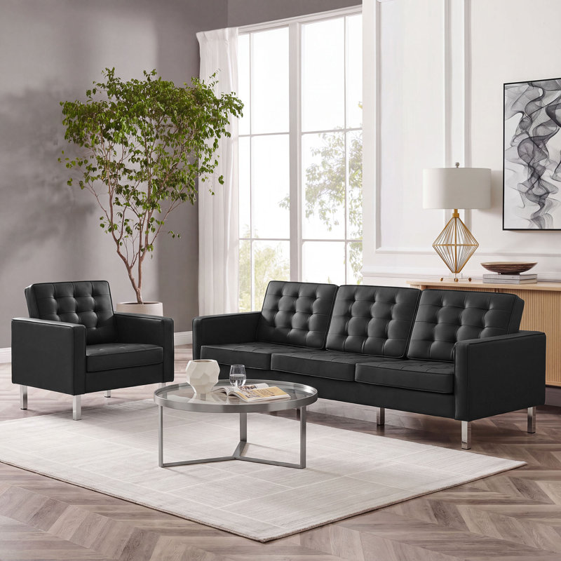 Ensemble de canapé et fauteuil capitonné Loft, Similicuir noir