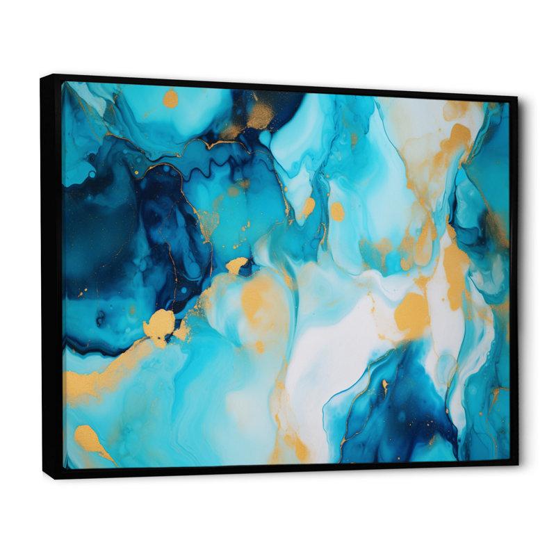 Turquoise luxueux, art fluide abstrait sur toile, H 12 po x l 20 po x P 1 po, Cadre flottant noir