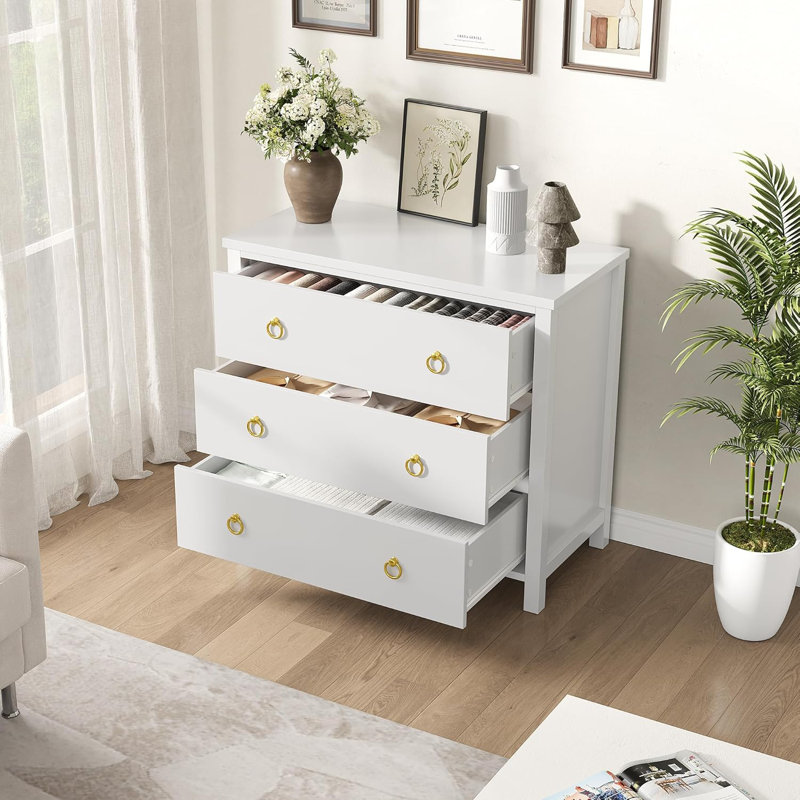 Mangu 3-Dresser for Bedroom - Natural Rattan Style Storage for Nursery, White