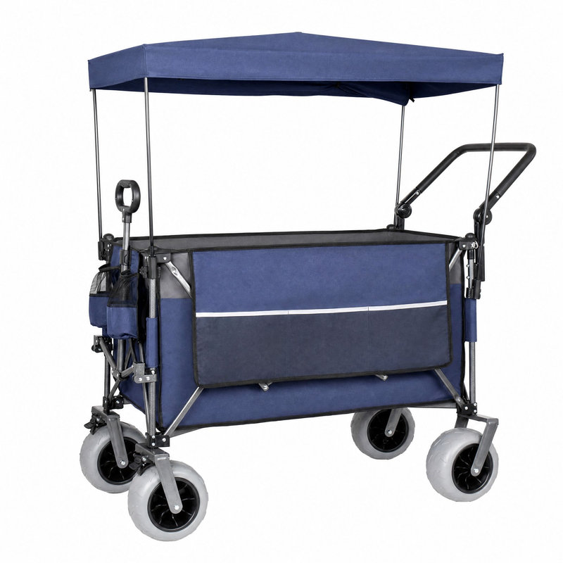Chariot pliant avec auvent, pneus de plage 9 po, capacité de 480 lb, 300L de rangement - bleu gris, Bleu gris