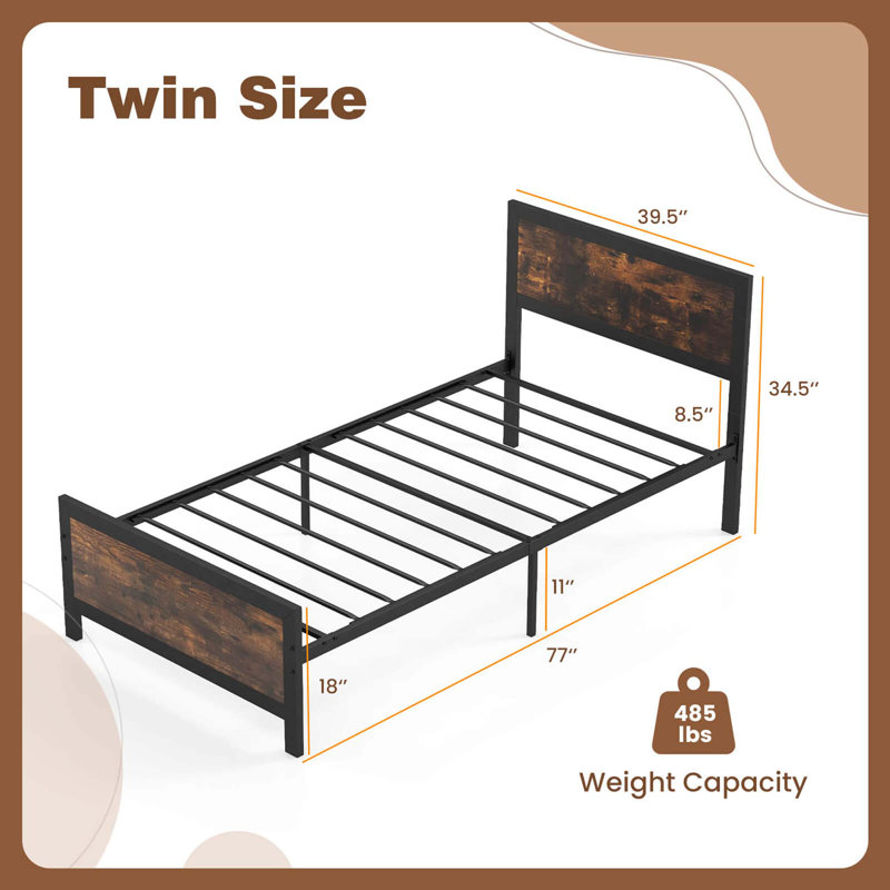 Metal Bed Frame With Headboard & Footboard Metal Slats Support, Twin