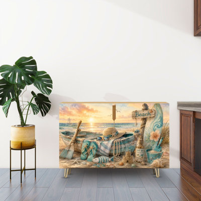 Sideboard Buffet Cabinet with Storage Rustic Beach Scene Vintage Boat Summer Accessories Sunset with 2 Doors for Living Room and Kitchen