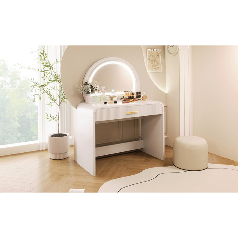 39" Makeup Vanity Table In White For Bedroom. Equipped With Touch Screen Lighted Mirror & Drawer. Curved Edges And Elegance. Ample Storage Options. Convenient. 20 Assembly Time