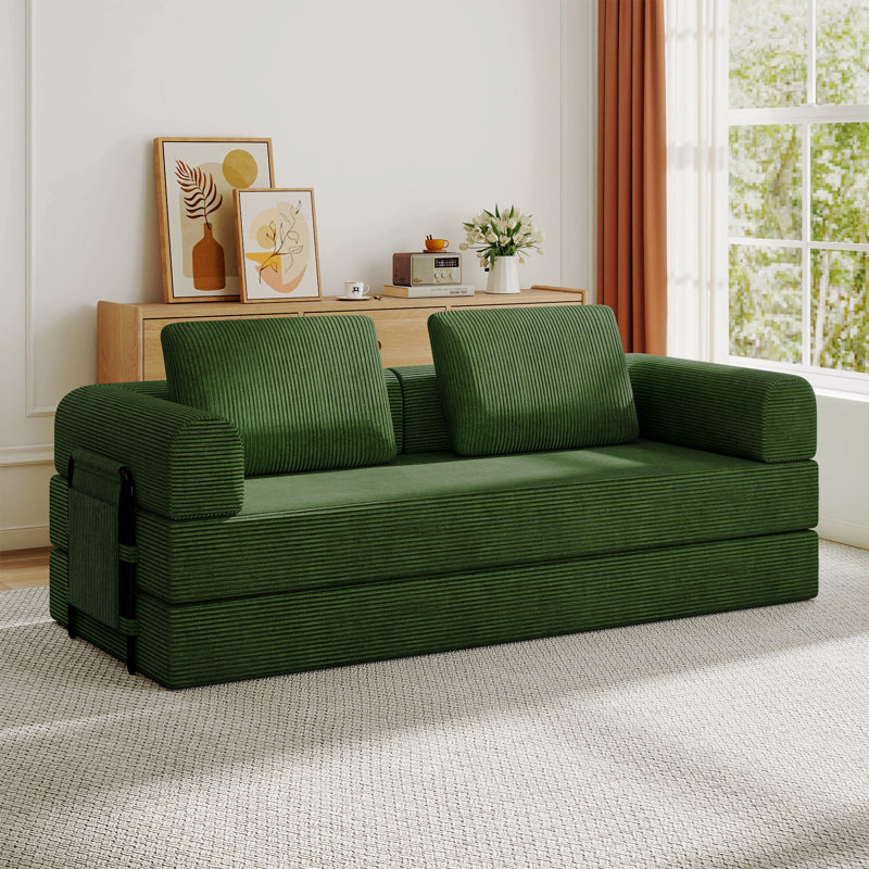 Convertible Sleeper Sofa Bed With Cylindrical Pillow - Corduroy Folding Mattress Couch With Fixed-Shape Frame, Green