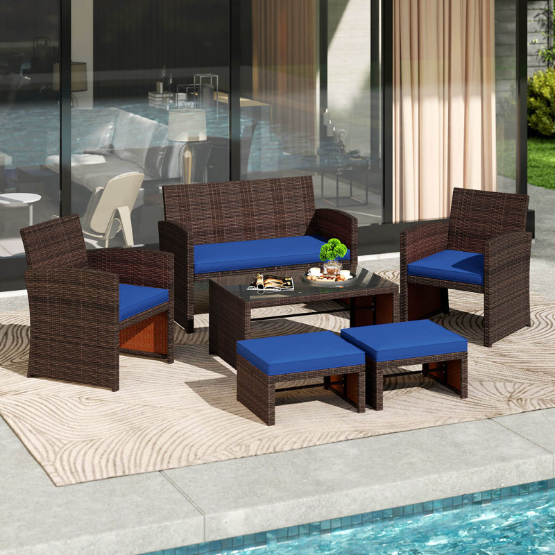 6 PCS Patio Furniture Set w/ 1 Loveseat 1 Coffee Table 2 Armchairs 2 Ottomans Blue, Brown, Navy