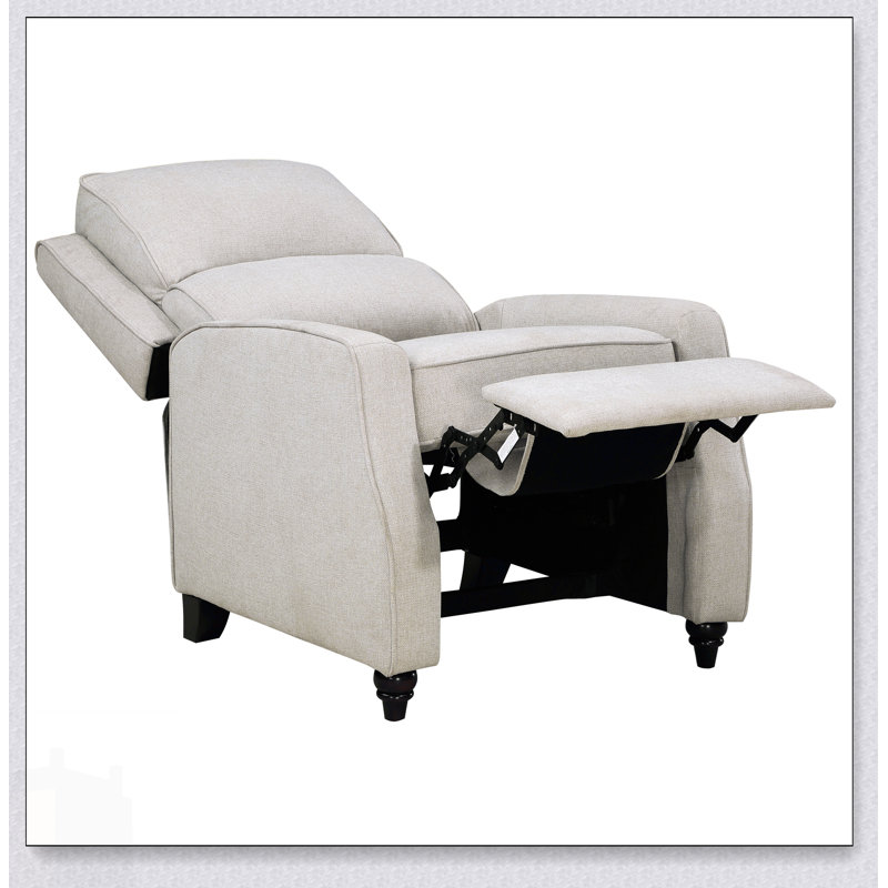 Chaise inclinable rembourrée en tissu beige avec structure en bois massif, mobilier transitionnel confortable et élégant