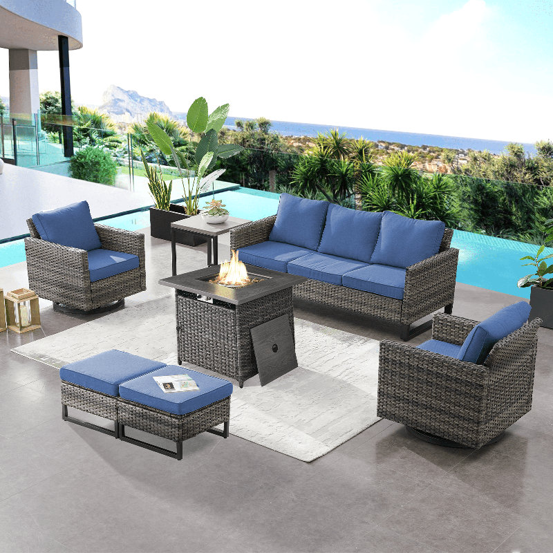 Ensemble de canapé d'extérieur 7 pièces Naresa, ensemble de mobilier de patio en osier avec table de foyer extérieur, Bleu