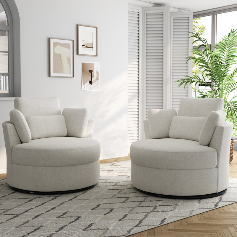 Upholstered Swivel Lounge Armchair With Pillow(Set of 2), Beige Polyester Blend
