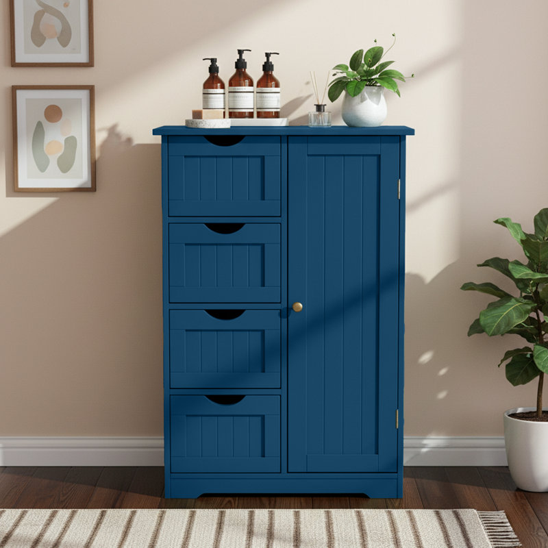 Blue Bathroom Storage Cabinet With 4 Drawers And 1 Door, Blue