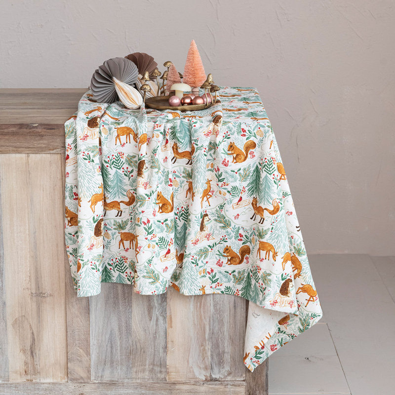 Cotton Printed Tablecloth With Woodland Flora And Fauna Pattern