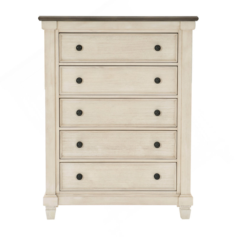 Meuble de chambre transitionnel style rustique 1pc de 5 tiroirs blanc antique et brun rosé