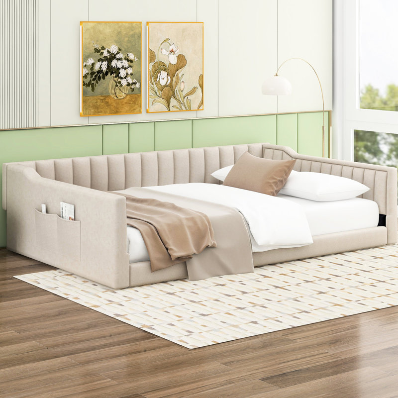 Beige Velvet Full Xl Daybed With Side Storage - Chic And Functional For Guest Rooms No Box Spring Needed, Effortless Assembly Upholstered In Modern Practical Bedroom, Room Spring, Easy To Assemble