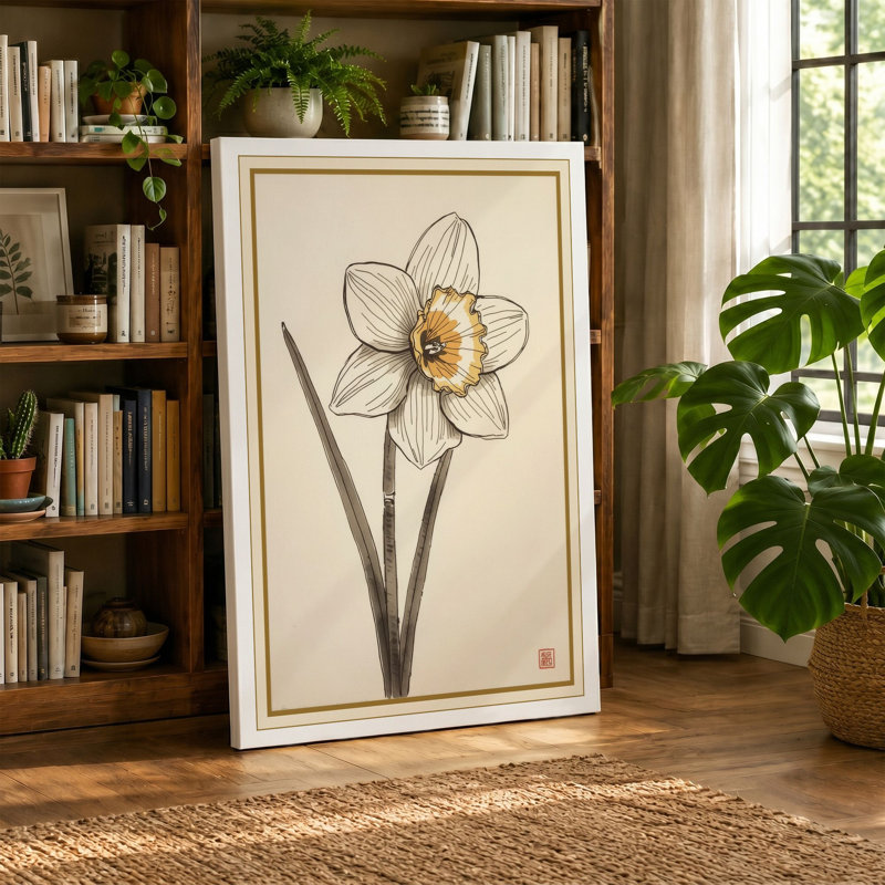 Single Stem in Gold Botanical - Wrapped Canvas, Black Border, 18x12 - 45.7 x 30.5 cm