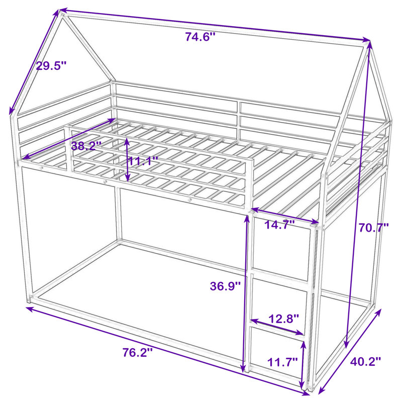 Twin Over Twin Metal House Bunk Bed With Convertible Ladder And Guardrails, White