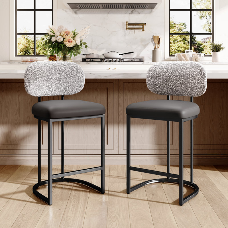 Upholstered Counter Stool with Metal Frame, Grey/Black, 2