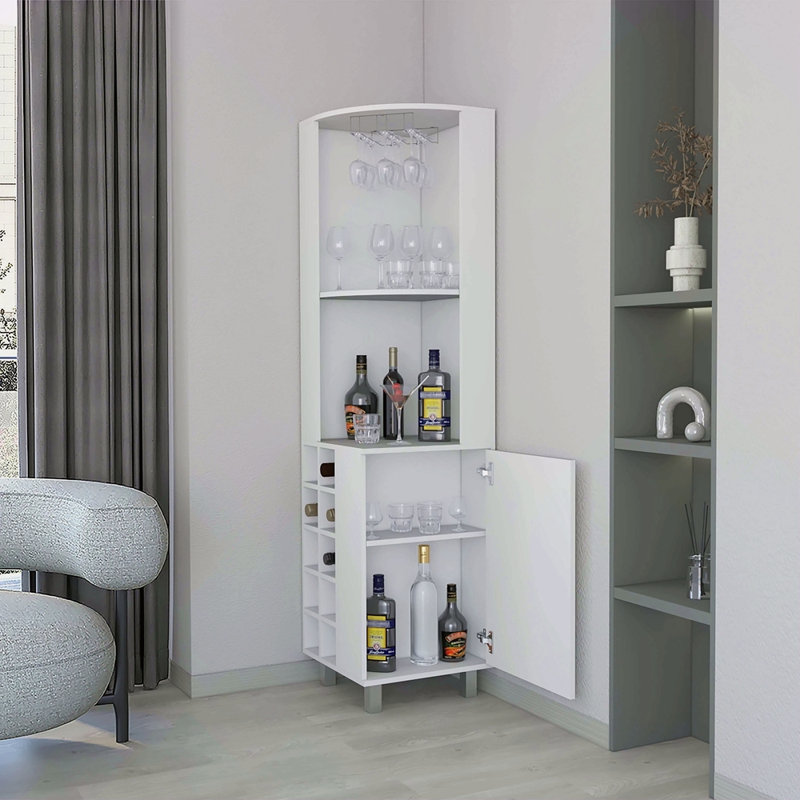 Corner Bar Cabinet With Glass Holder And Wine Rack, White