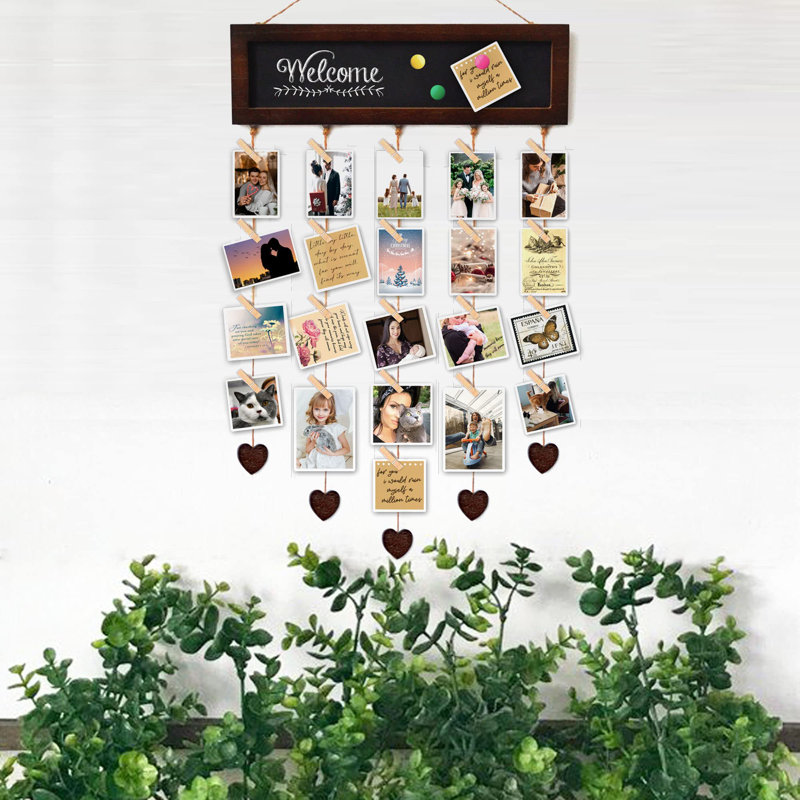 Picture Frames Collage Display Board With 30 Clips - Multi Photos Cards Organizer With Adjustable Twines And Magnetic Blackboard - 15.7X5 Inches