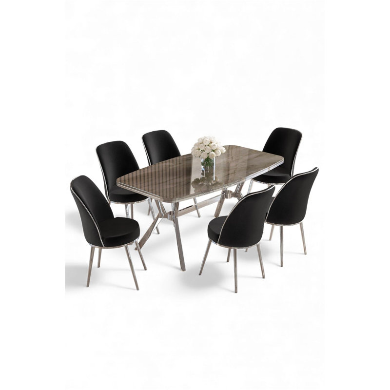 Ensemble de table et chaises de salle à manger (7 pièces), 7 Pieces: Table, 6 Chairs, Black, Anthracite/Chrome