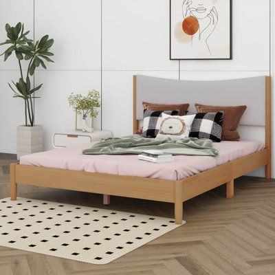 Lit en caoutchouc et bois avec tête de lit rembourrée Boucle, rangement spacieux sous le lit et pieds de soutien renforcés
