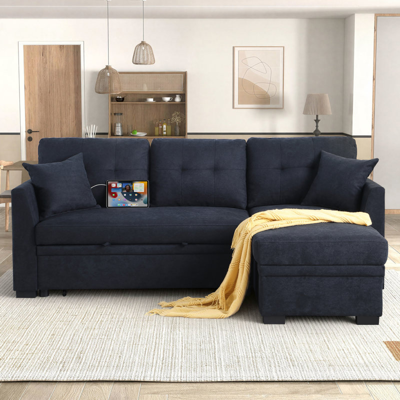 82" Velvet Sleeper Sectional Sofa with Storage Chaise, Convertible Sleeper Sofa Bed,  Pull Out Couch with USB Port, Side Pockets