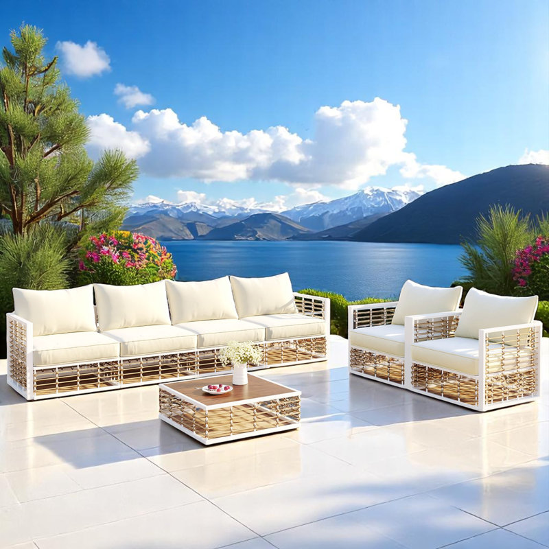 Ensemble de conversation d'extérieur en osier 7 pièces avec coussins 7 pièces, Beige, Blanc
