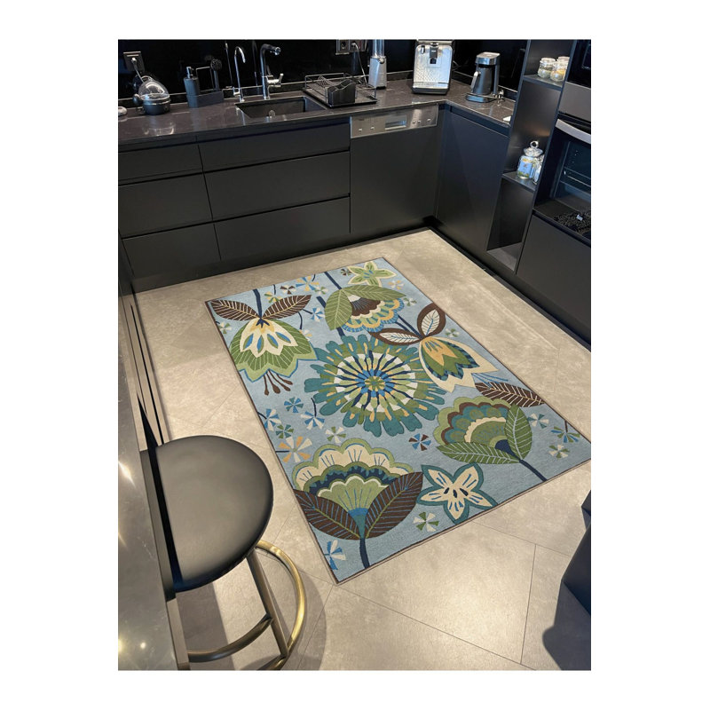 Tapis bleu délavé à motif floral multicolore, Sous-tapis rectangulaire de 3 pi 3 po x 4 pi 11 po
