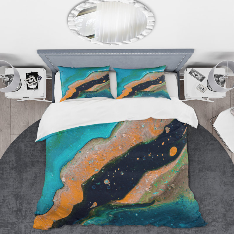 Composition abstraite de marbre en bleu et orange II - ensemble de housse de couette moderne - microfibre de polyester