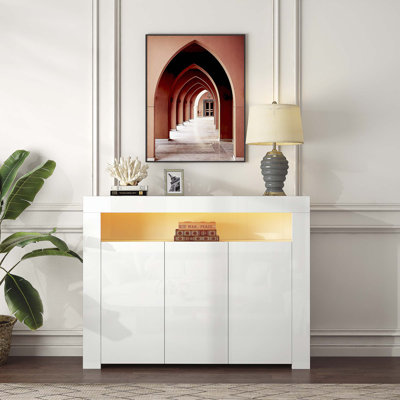 Living Room Sideboard Storage Cabinet Black High Gloss with LED Light, Modern Kitchen Unit Cupboard Buffet Wooden Storage Display Cabinet TV Stand with 3 Doors for Hallway Dining Room