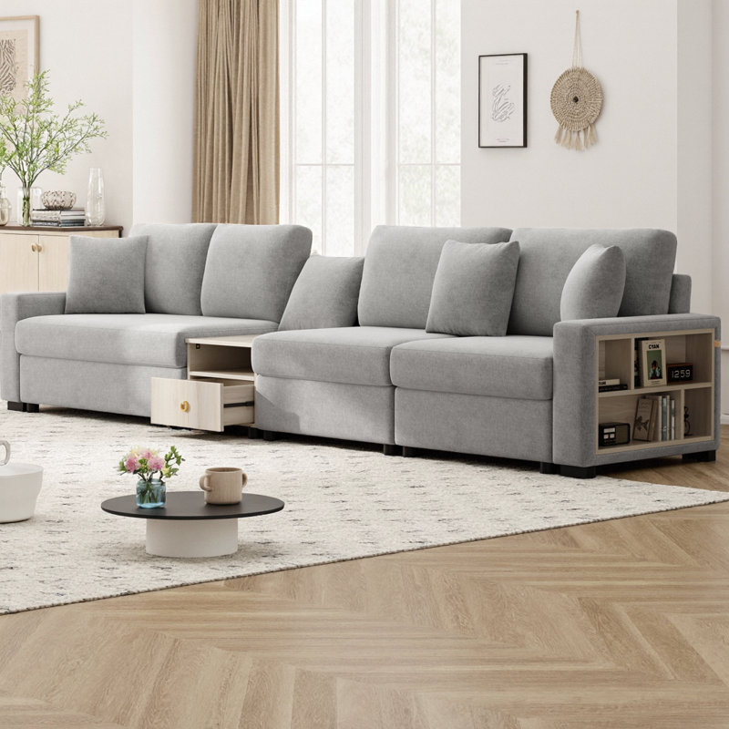 Grand canapé modulaire de 132,5 po avec accoudoirs de rangement et console centrale, canapé rembourré en chenille 4 places avec coussins amovibles pour un salon spacieux