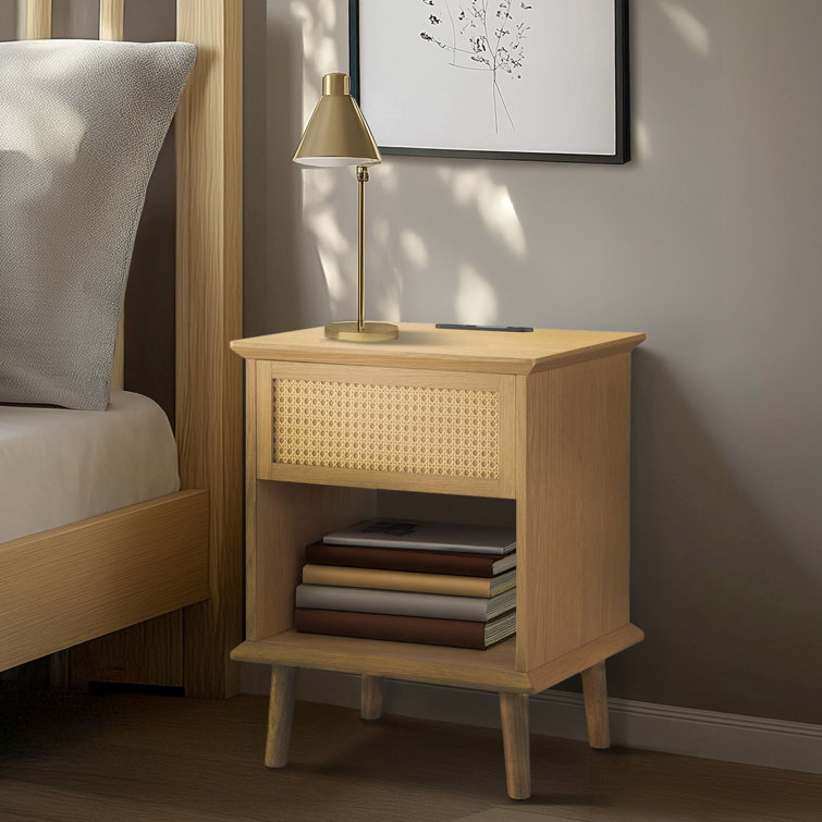 Deletha Rattan Side Table with USB Charging,LED Light & Storage