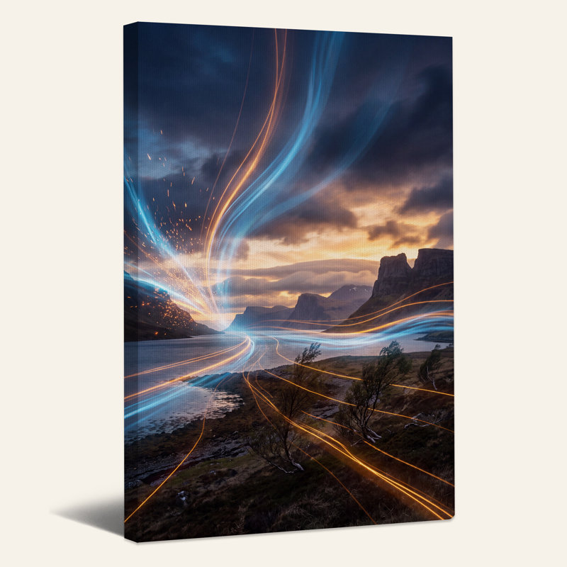"Blue and Orange Light Trails Over Mountain Lake", art mural, H 18 po x l 12 po