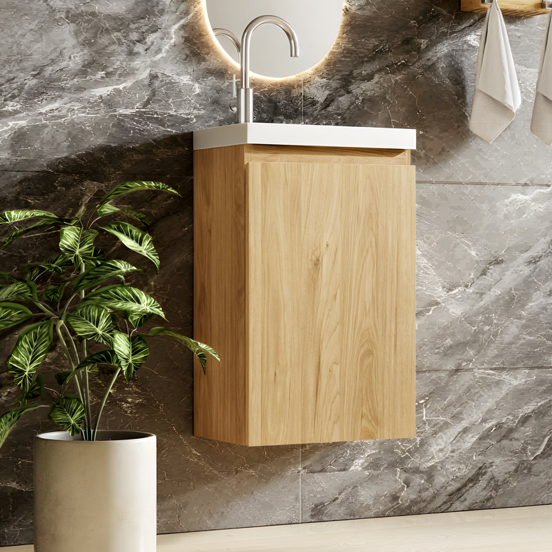 Aditya 16" Wall-mounted Small Bathroom Vanity, Solid Acacia Wood Cabinet With White Smc Resin Sink And Soft-close Door, Modern Design
