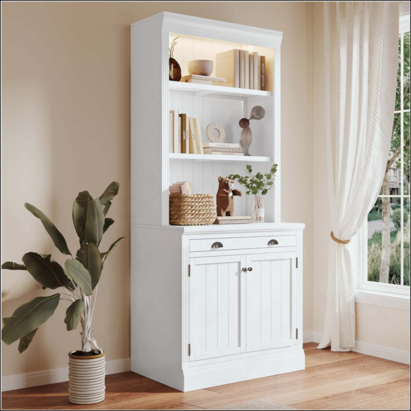 Bibliothèque avec éclairage à DEL 3 pièces, bibliothèque moderne avec 2 portes et 1 tiroir, bibliothèque de rangement avec tablettes ouvertes pour le salon, le bureau personnel