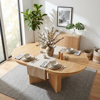 Oval Extendable Dining Table, Modern Farmhouse Kitchen Table with Pedestal Base & Adjustable Foot Pads, 42"-58" Expandable Dining Room Table, Solid Oa