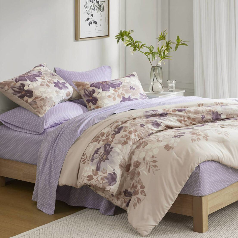 Édredon simple et drap de lit Taupe Floral
