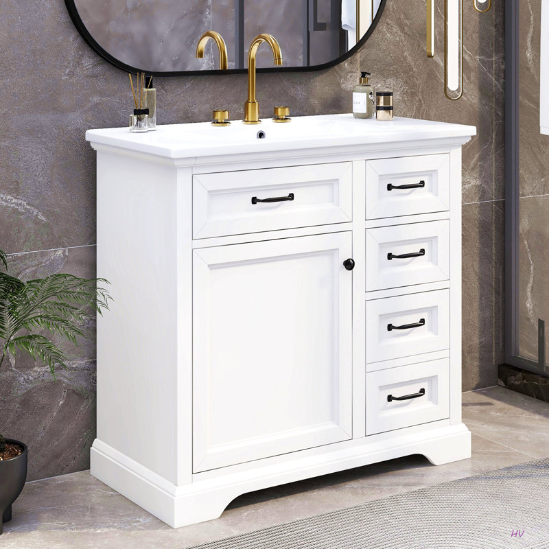 Meuble-lavabo 36 po avec lavabo, lavabo en céramique, 2 tiroirs basculants, charnières de porte à fermeture en douceur, Blanc
