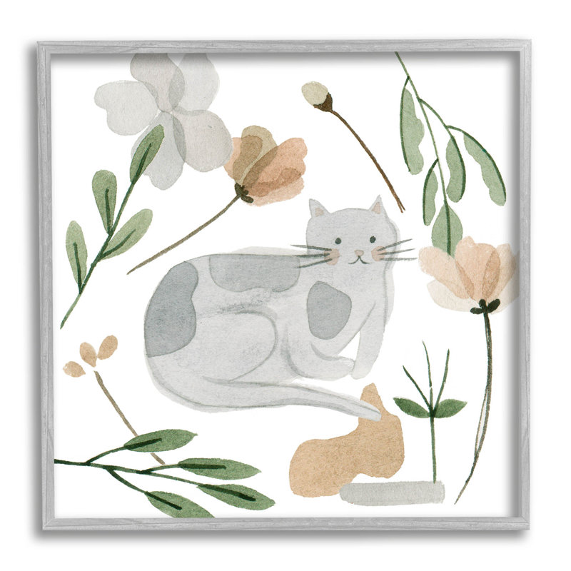 «Comfy Cat Varied Botanicals», estampe numérique par Melissa Wang, H 24 po x l 24 po x P 1,5 po, Estampe numérique Farmhouse