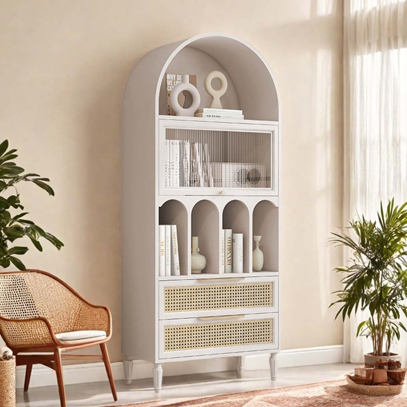 Vitrine arquée en bois massif avec bibliothèque, Ivoire blanc