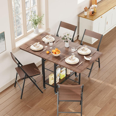 Folding Dining Table Set with 4 Chairs – Drop Leaf Kitchen Table with Storage & Lockable Wheels, Space-Saving Foldable Set for Apartments & Dining Room