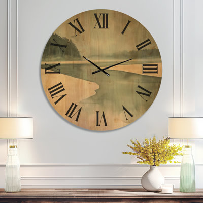 Estuaire de la barre de sable tranquille I - Horloge murale ronde verte côtière, impression sur bois